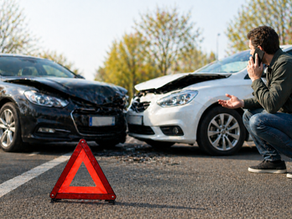 Incidente stradale con auto danneggiate e triangolo di emergenza, conducente al telefono dopo sinistro