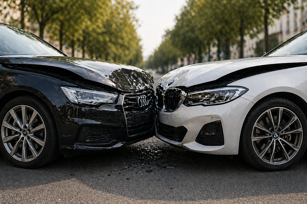 Incidente stradale con scontro frontale tra Audi e BMW su strada urbana, veicoli danneggiati dopo collisione