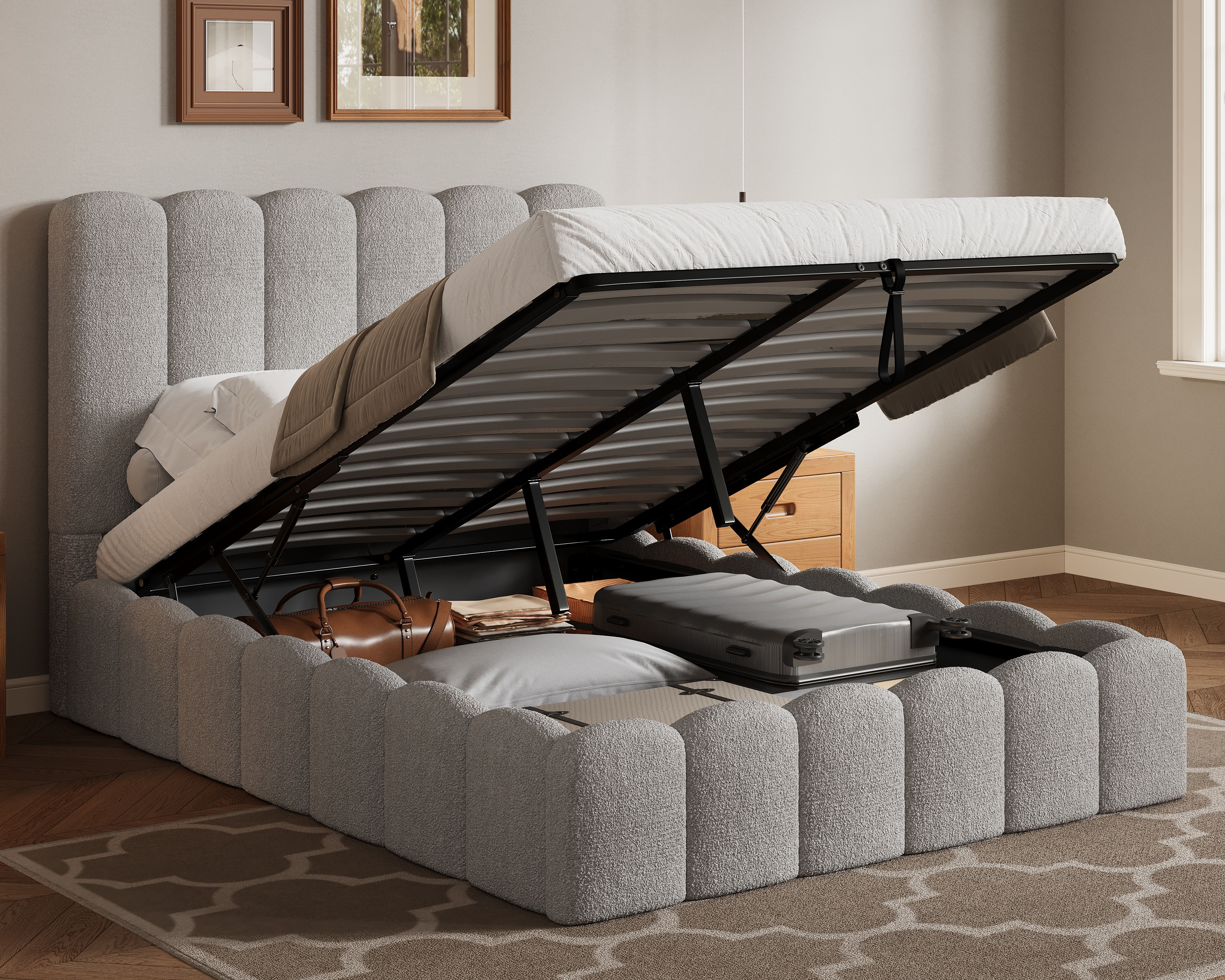 Kingsley Boucle Upholstered Gas Lift Ottoman Bed Frame