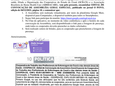 Convocação dos cooperados para participarem da Assembleia Geral Especial (AG Especial) - 16/12/2021