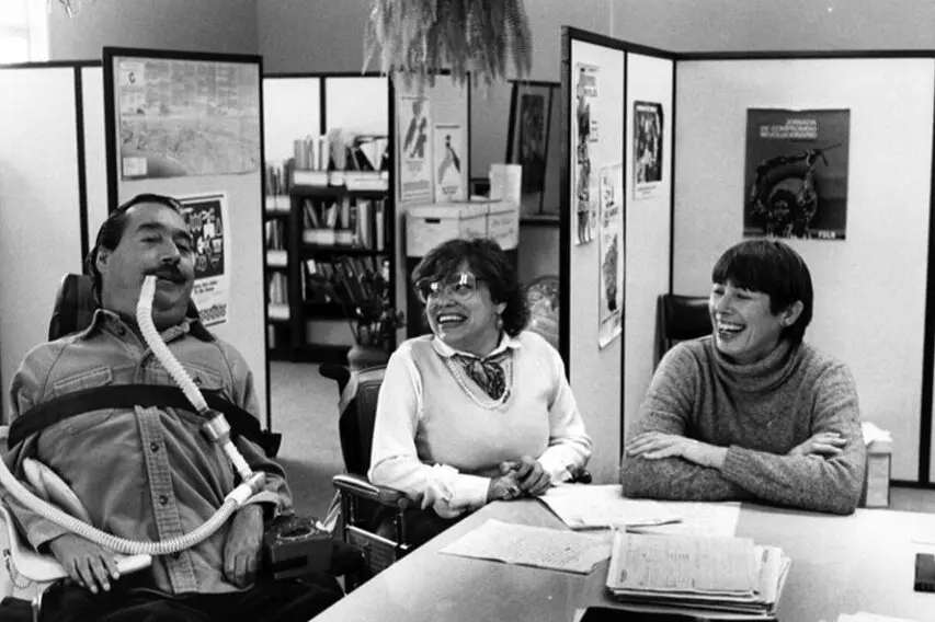 Ed Roberts (left), Judy Heumann (center), and Joan Leon (right)