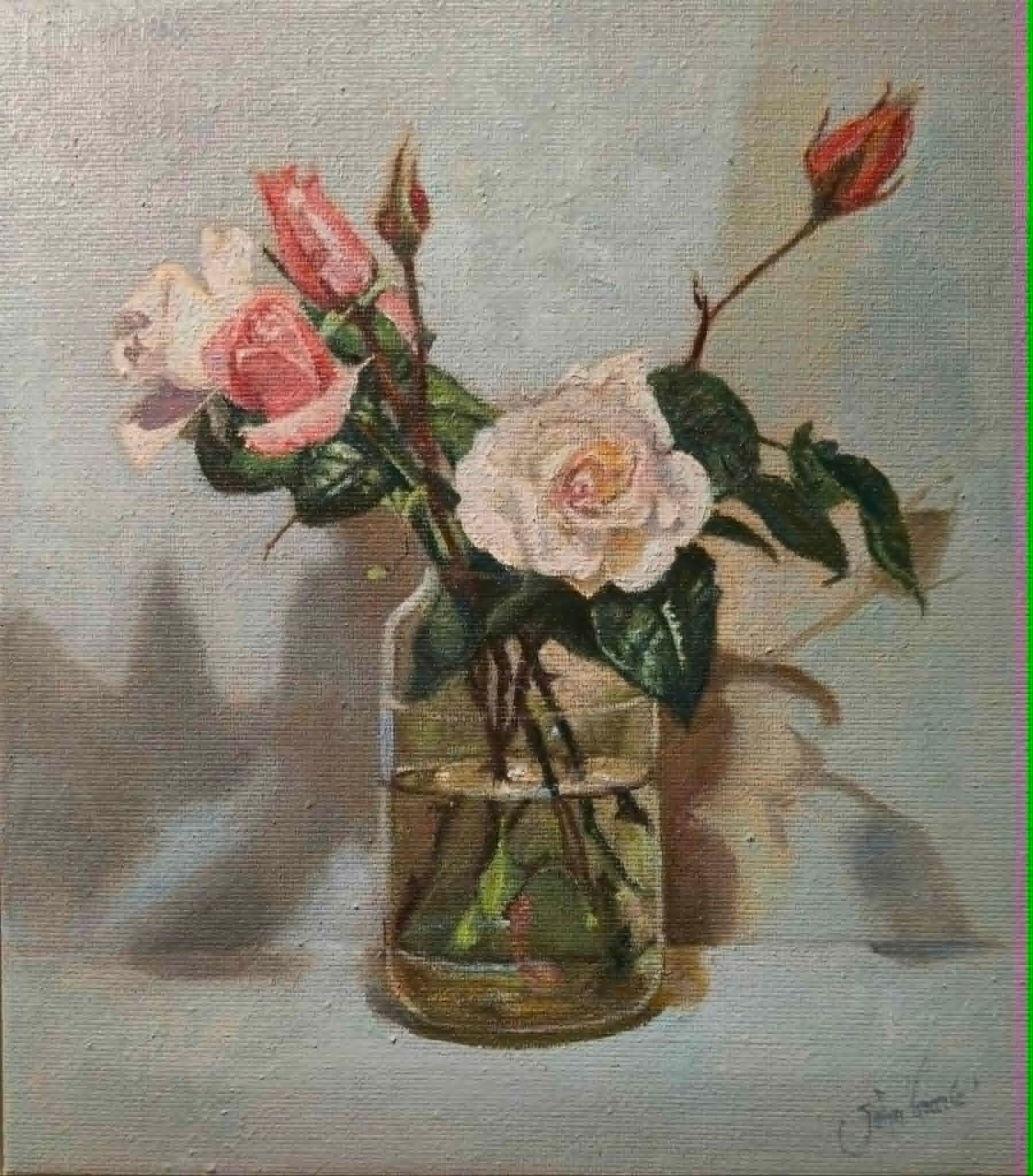 Original floral oil painting by John Garde depicting pink and white roses arranged in a glass jar