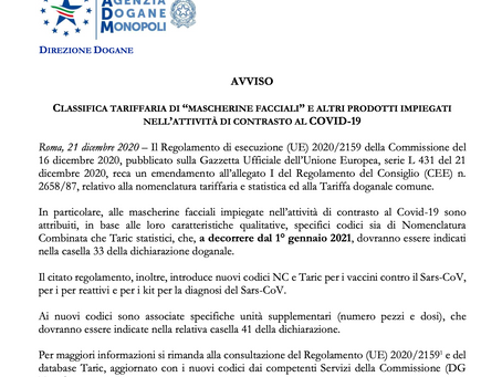 NUOVA CLASSIFICA TARIFFARIA DI “MASCHERINE FACCIALI” E ALTRI PRODOTTI