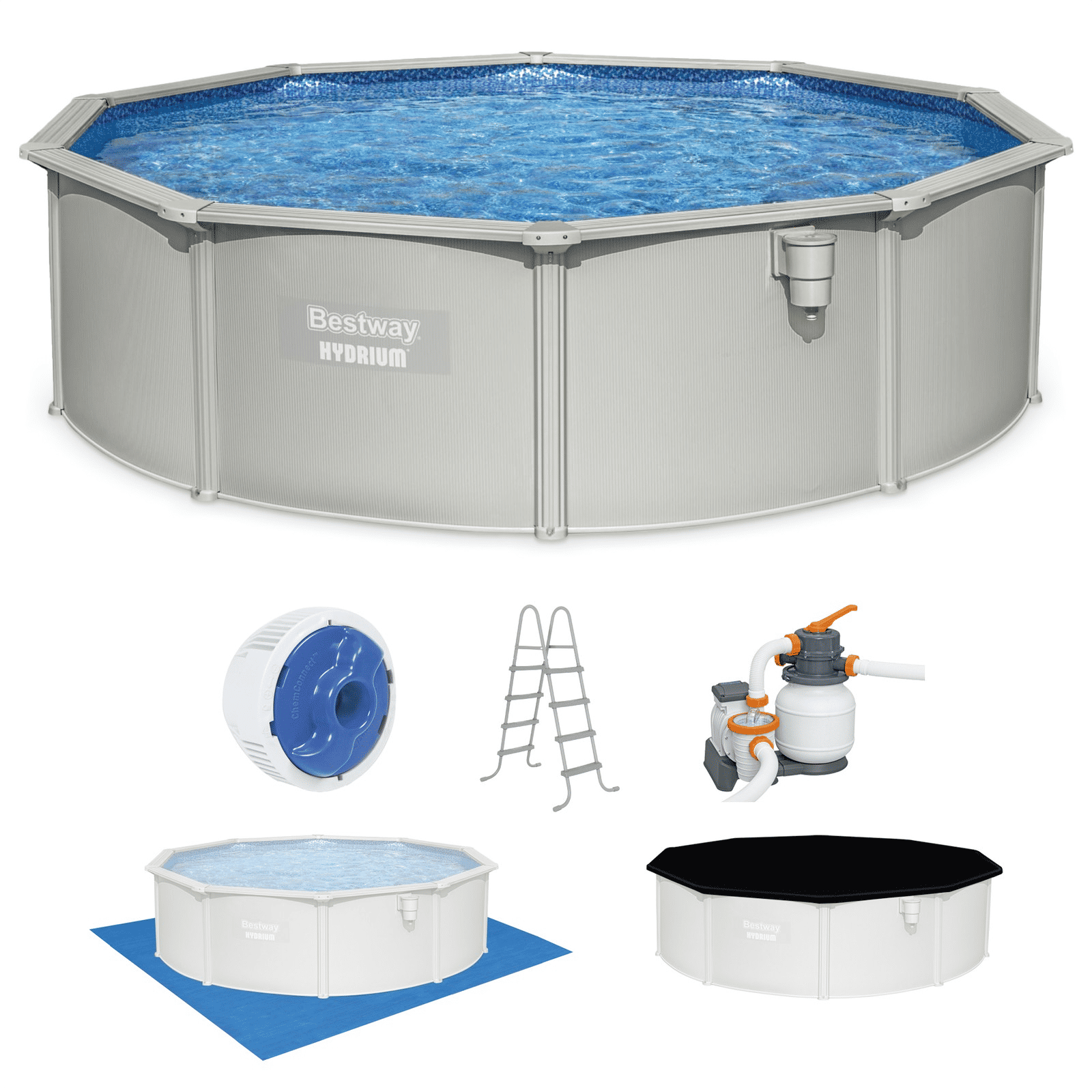 Bestway Hydrium 15'x48" Round Steel Wall Above Ground Swimming Pool Set Gray