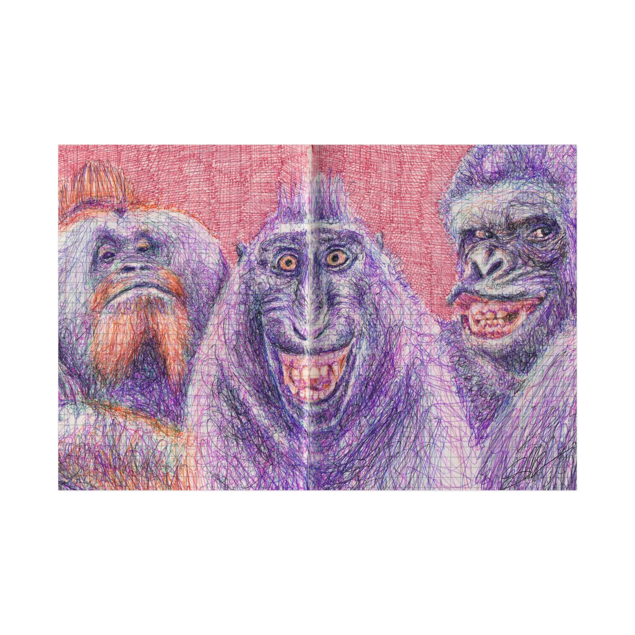 Three Monkeys Ballpoint Drawing Print