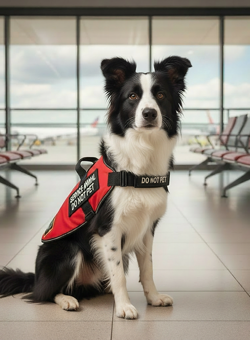 Service dog wearing a red service vest waiting in an airport terminal for travel