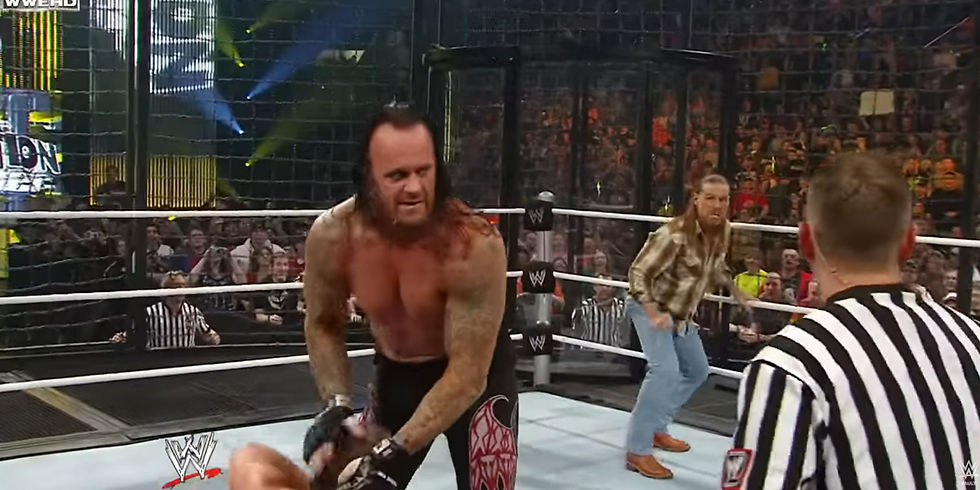 Shawn Michaels preparing Sweet Chin Music on The Undertaker at WWE Elimination Chamber 2010