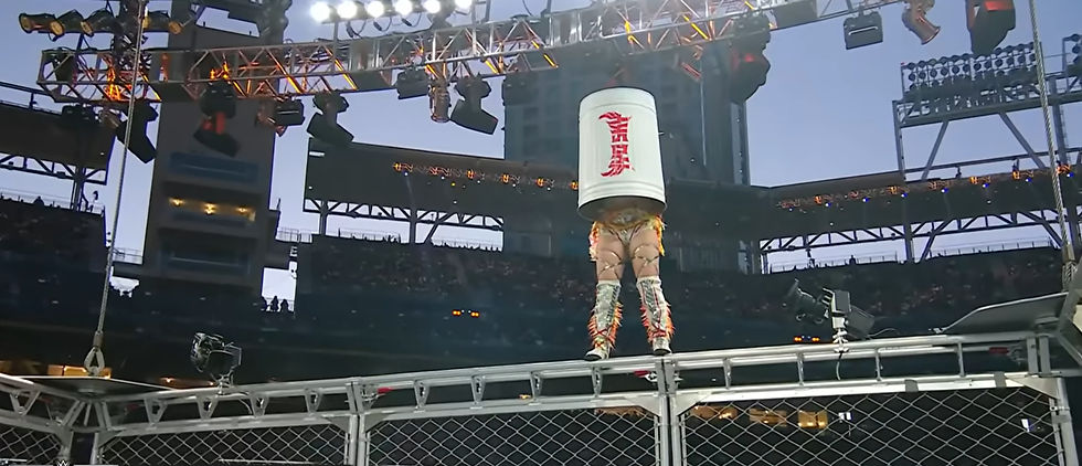 Iyo Skye with a trash can on her head