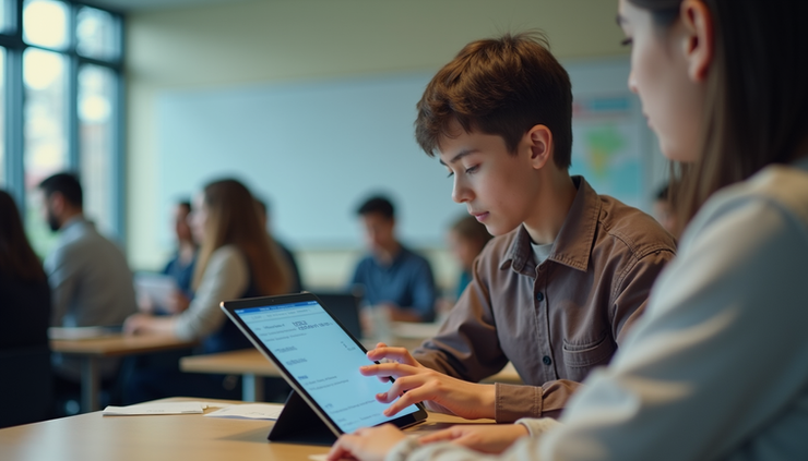 Eye-level view of a student using a tablet with AI-powered learning software in a bright classroom