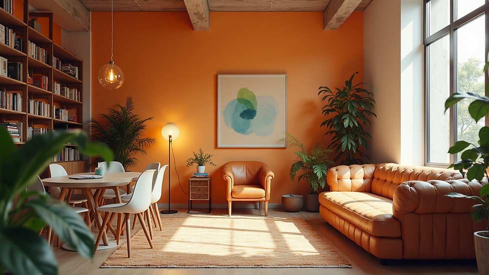 Wide angle view of an engaging workspace with a vibrant decor