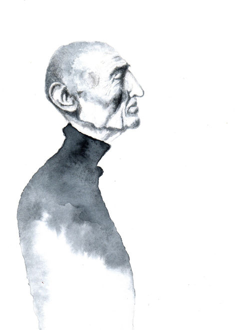 Aquarelle en noir et blanc de Julie Lagier représentant un homme âgé et chauve vu de profil, tourné vers la droite, le visage légèrement relevé et marqué de rides. Il porte un vêtement sombre à col montant, peint en lavis gris et noir qui se diffuse progressivement vers le bas. La silhouette est isolée sur un grand fond blanc.
