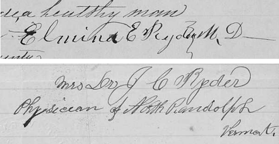Signatures of Mrs. Dr. Elmina Eusebia Ryder. Certificate of Disability for Discharge of George W. Badger, (TOP) Image 727, dated 17 NOV 1868; (BOTTOM) Image 729, dated 7 SEP 1868. Courtesy of FamilySearch.org.