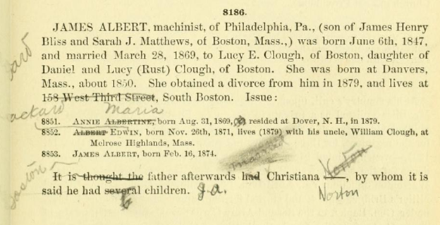 8186: James Albert Bliss, extremely well-known materialization medium, along with his equally well-known partner in illusion, Christiana Baptista Bliss. John Homer Bliss, Genealogy of the Bliss family in America, from about the year 1550-1880 (Boston: 1881), p.603. Courtesy of Internet Archive.