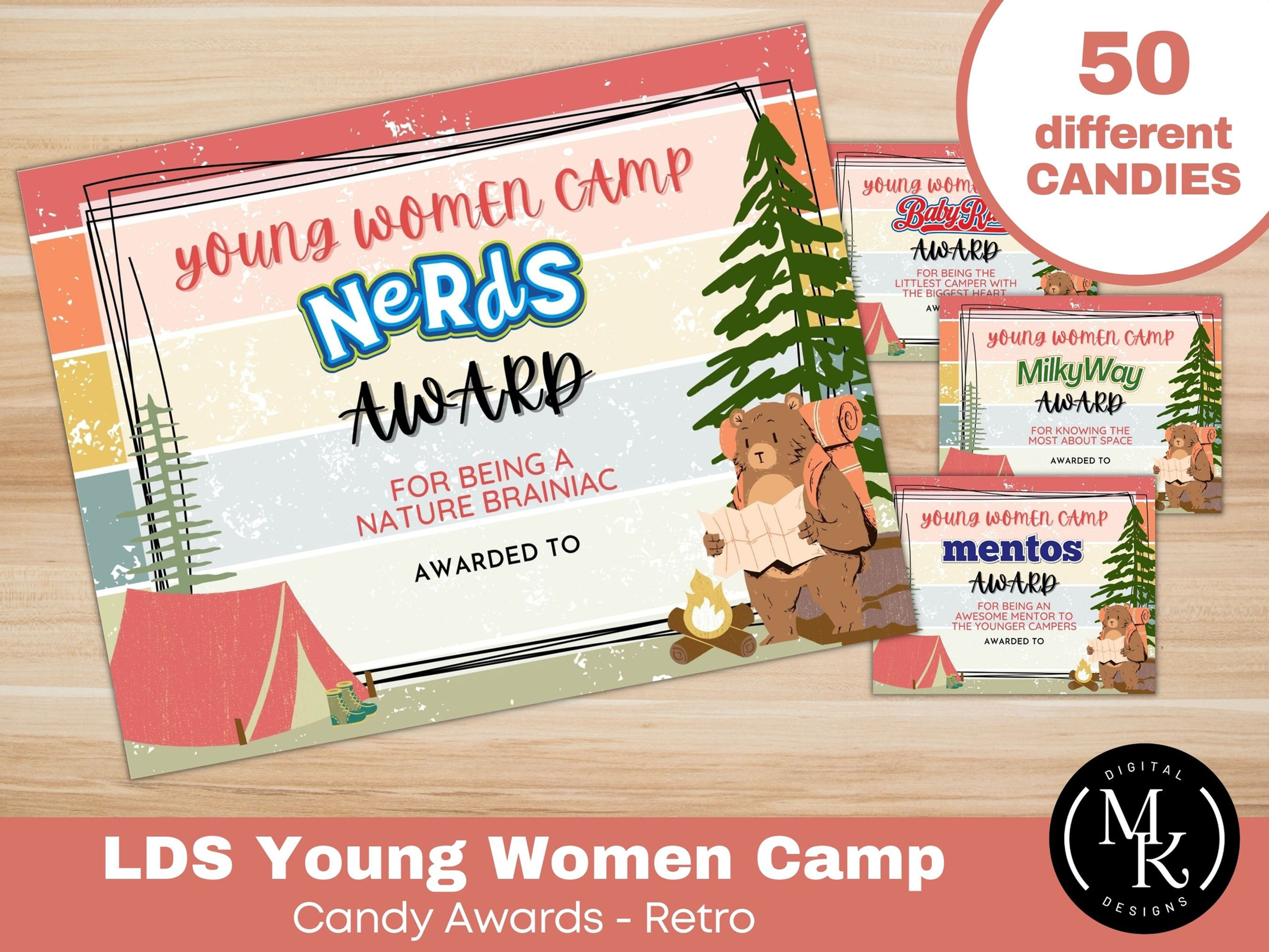 LDS Young Women Camp Candy Awards - Retro , Girls Camp, 50 Candies