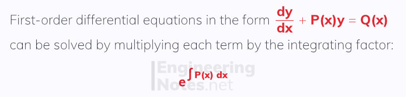 First-order differential equations, integrating factor. Differential Equations notes, free online a-level further maths core pure 2 CP2 notes. EngineeringNotes.net, EngineeringNotes, Engineering Notes.