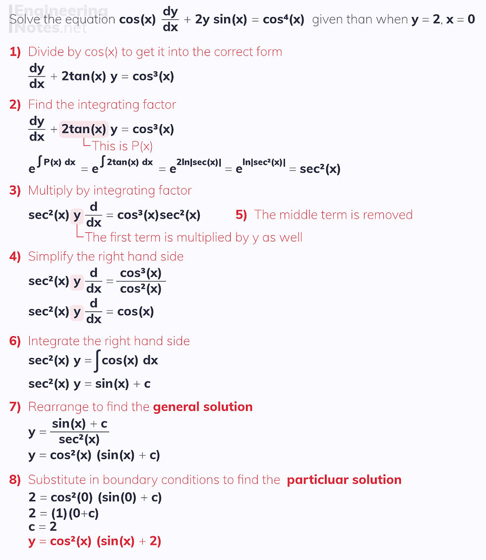 First-order differential equations, integrating factor. Differential Equations notes, free online a-level further maths core pure 2 CP2 notes. EngineeringNotes.net, EngineeringNotes, Engineering Notes.