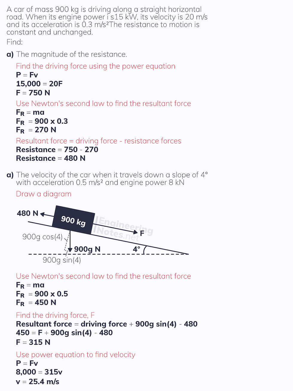 Power worked example, Momentum, Impulse, Work, Energy & Power Notes. Free online a-level further maths notes for further mechanics 1, FM1 Notes. EngineeringNotes.net, EngineeringNotes, Engineering Notes