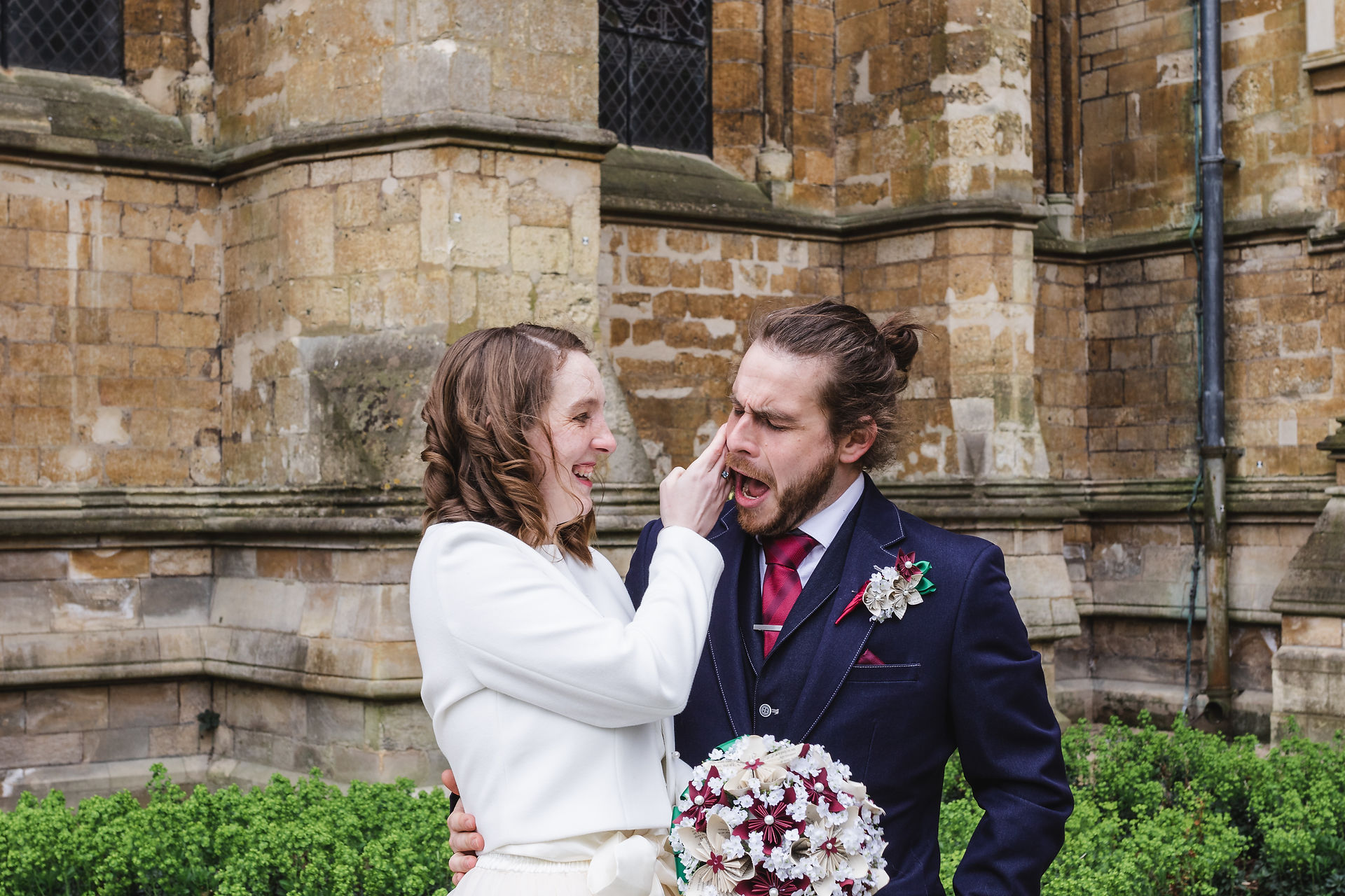 Bride and Groom portrait in the Dean's Gardens at Lincoln Cathedral Wedding