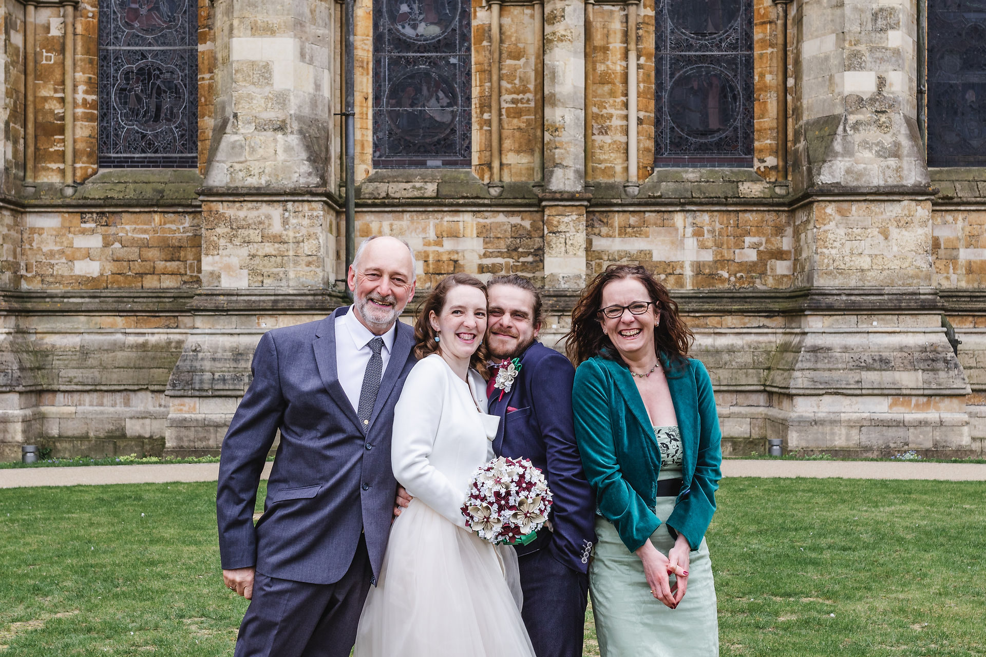 Wedding Family Portrait in Lincoln Cathedral grounds