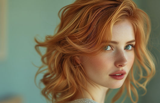 red hair, highlights, swept bangs
