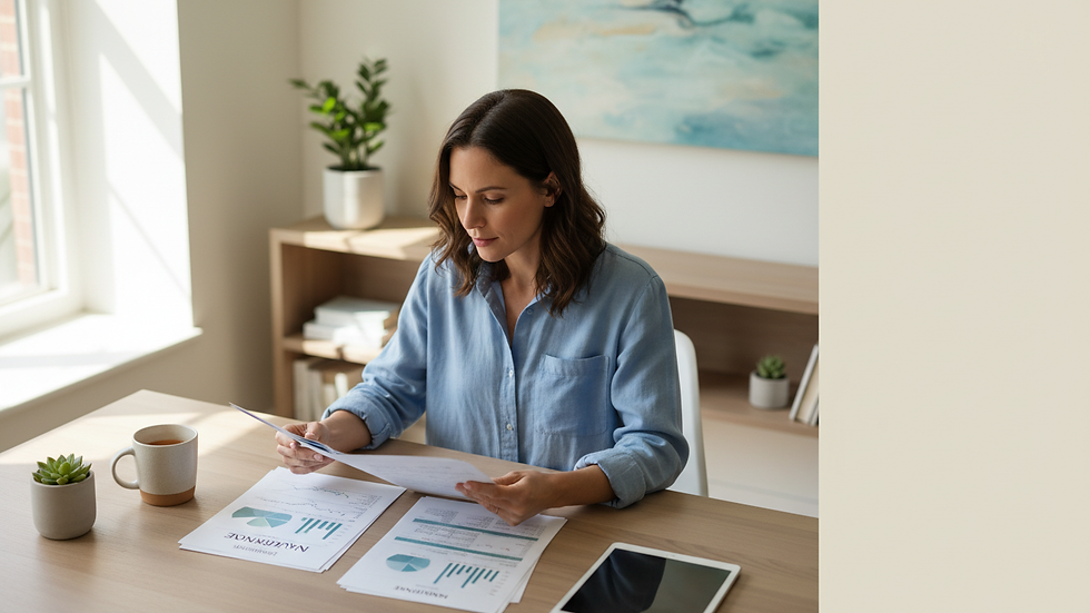 High angle view of a business owner reviewing insurance documents