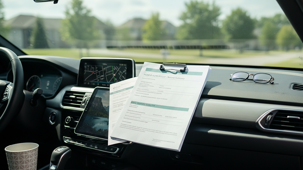 Eye-level view of a car dashboard with insurance documents
