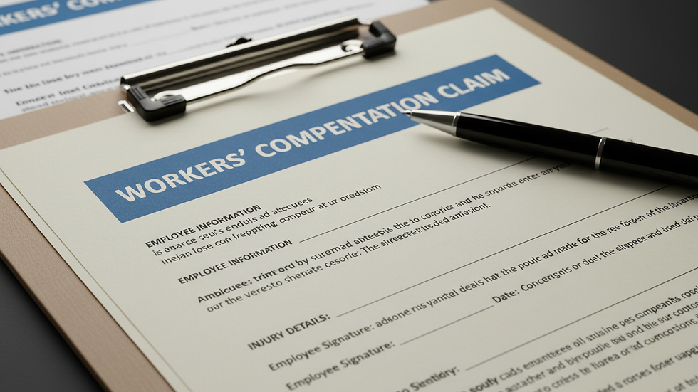 Close-up view of a clipboard with workers compensation insurance documents