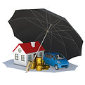 Umbrella protecting a house, car, and items representing insurance coverage