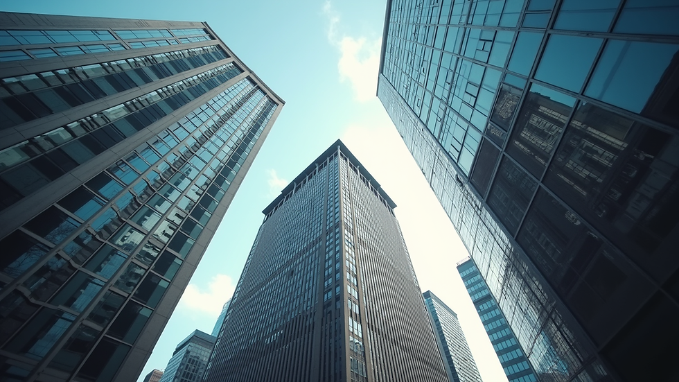 Eye-level view of a Michigan city skyline with insurance office buildings