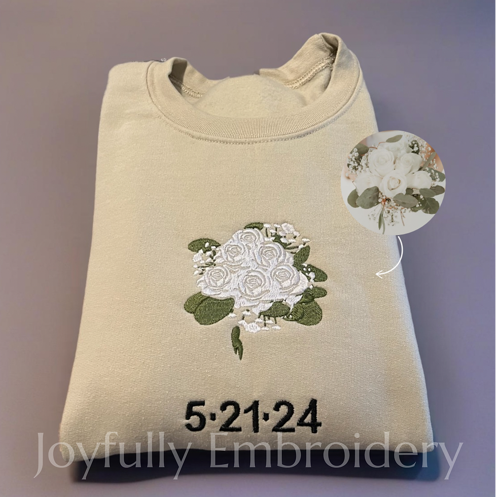 Thumbnail: Photo of Bridal Bouquet turned into an embroidery design on a sweatshirt