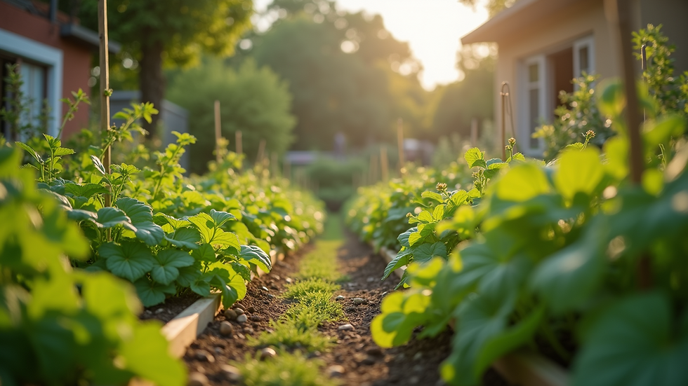 Wide angle view of a vibrant community garden emphasizing sustainability