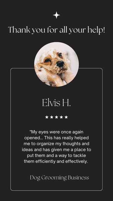 Thank you for all your help!
My eyes were once again opened... This has really helped me to organize my thoughts and ideas and has given me a place to put them and a way to tackle them efficiently and effectively.
Elvis H.
Dog Grooming Business
