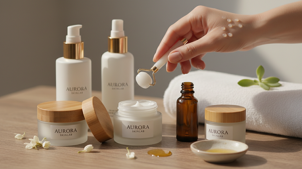 Close-up view of skincare products arranged on a wooden surface