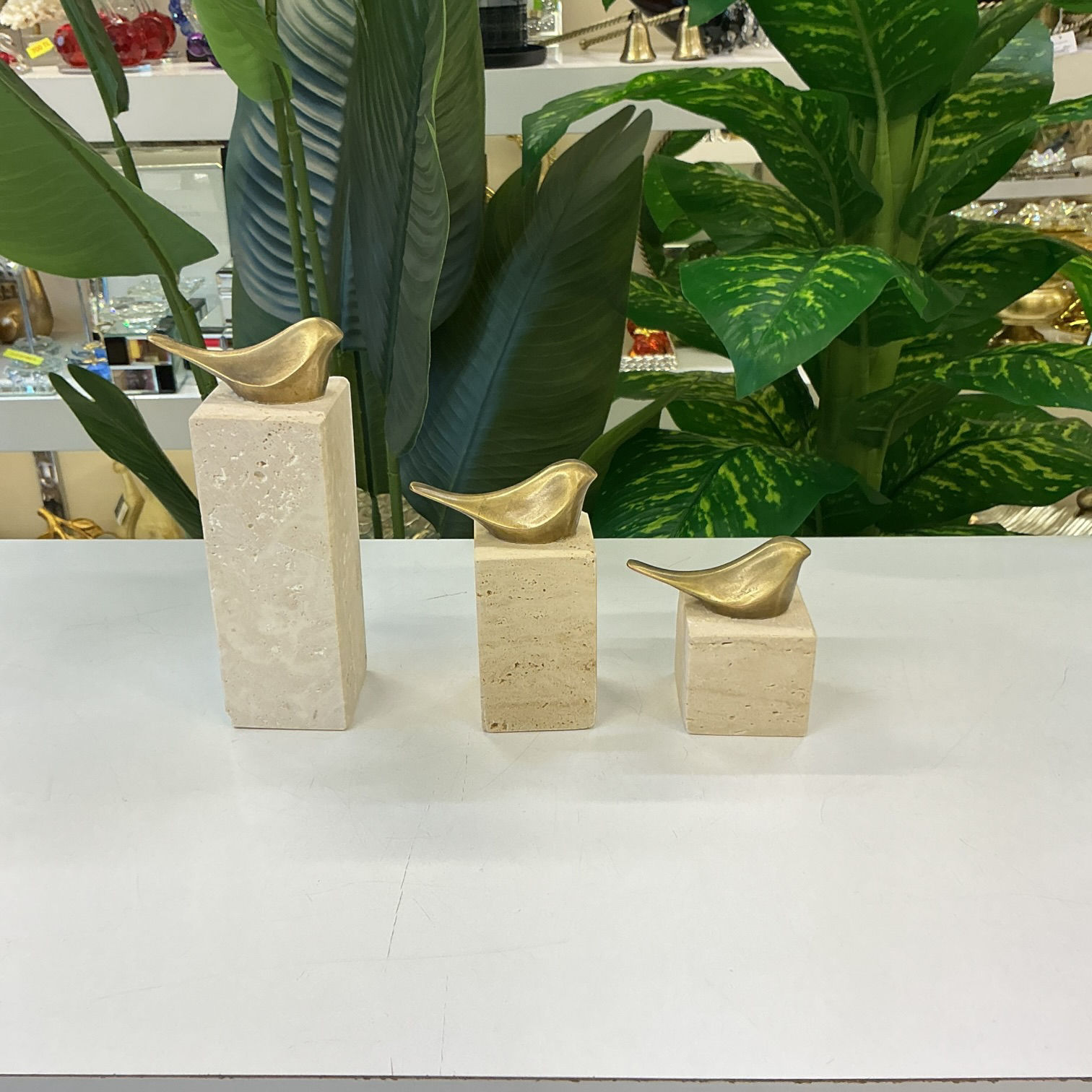 Traverten 3’lü Origami Kuş Dekor Seti – Eskitme Detaylı Masa & Konsol Objesi