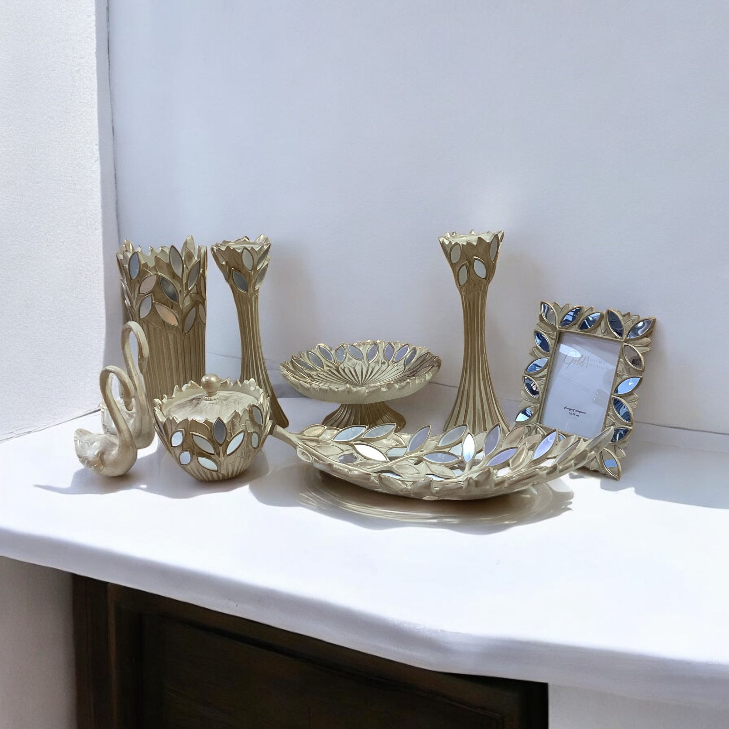 9 Parça Aynalı Konsol Seti Salon Takımı Aksesuar Krem Renk