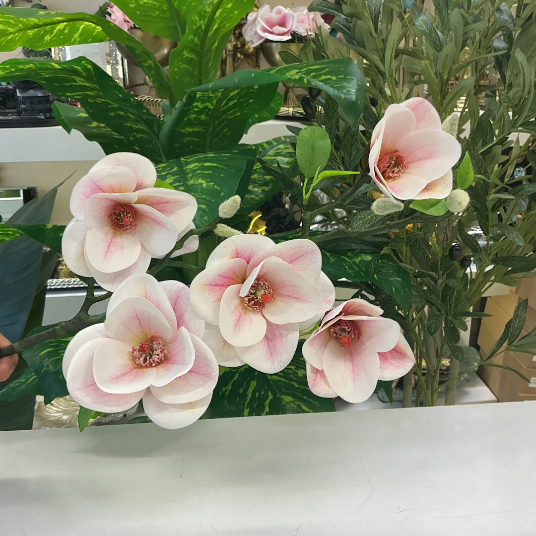 Yapay Manolya Dalı – 70 cm | 5 Goncalı & Açık Pembe