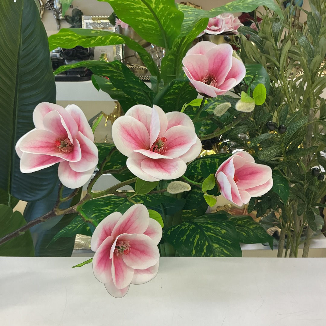 Yapay Manolya Dalı – 70 cm | 5 Goncalı & Pembe Renk