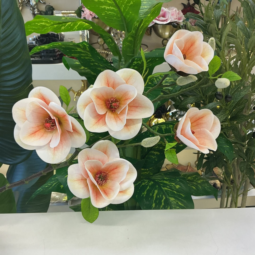 Yapay Manolya Dalı – 70 cm | 5 Goncalı & Somon Renk