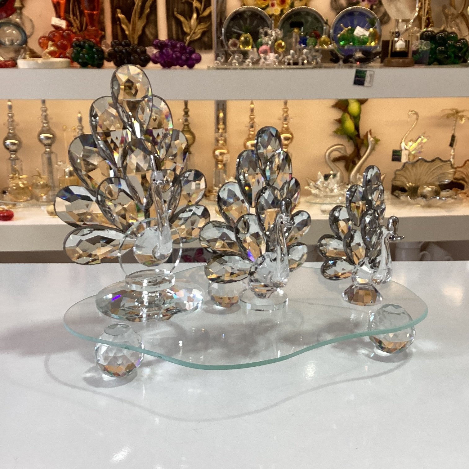 Kristal Tavus Kuşu Gümüş Renk Yaldızlı 3’lü Set