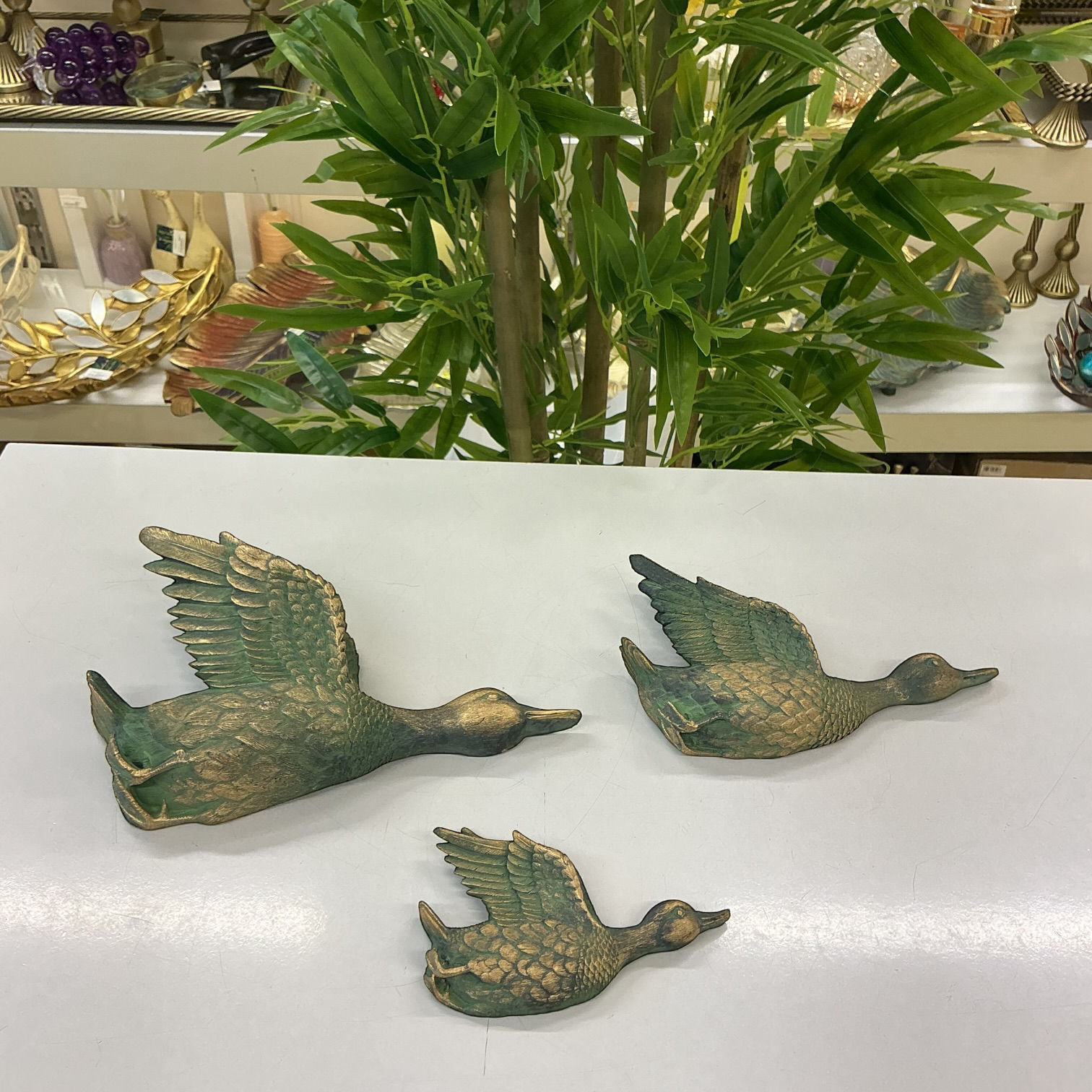 Yeşil Gold Uçan Ördek Duvar Süsü 3’lü Set