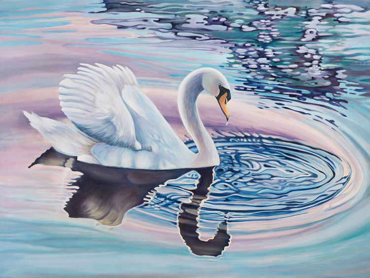 A painting of a white swan on a lake with ripples and reflections in turquoise, pink, and dark blue.