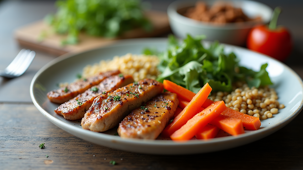 Eye-level view of a colorful plate with balanced portions of protein, vegetables, and grains