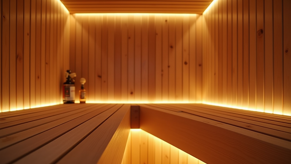 Close-up view of an infrared sauna interior with wooden benches