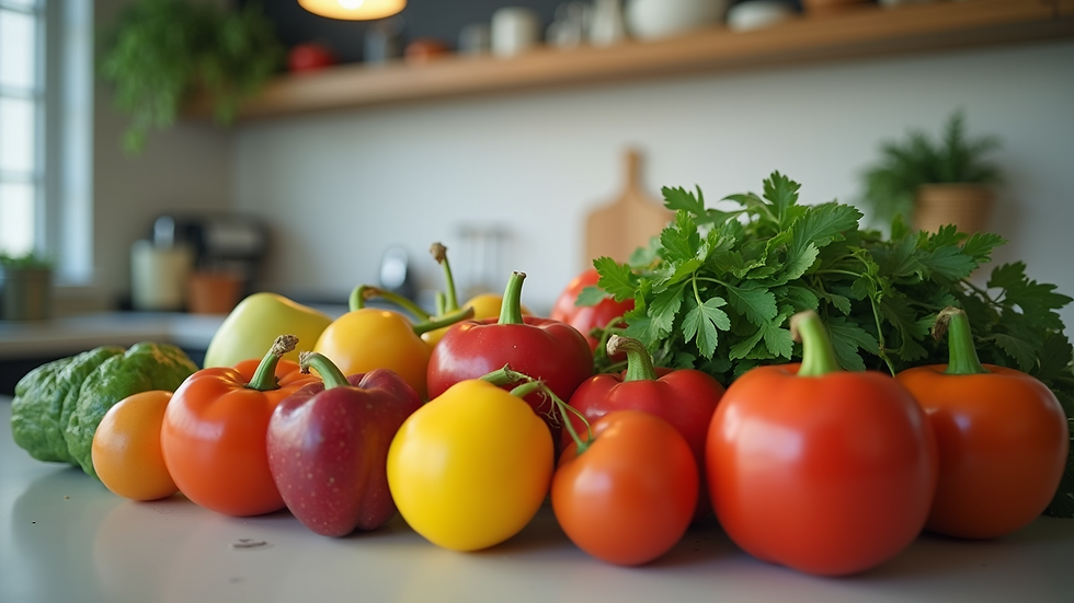 Eye-level view of fresh vegetables and fruits on a kitchen counter
