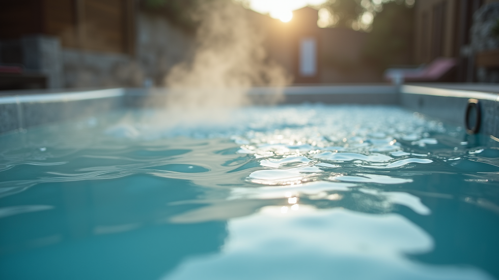 Close-up view of a cold plunge pool with steam rising from a nearby hot tub