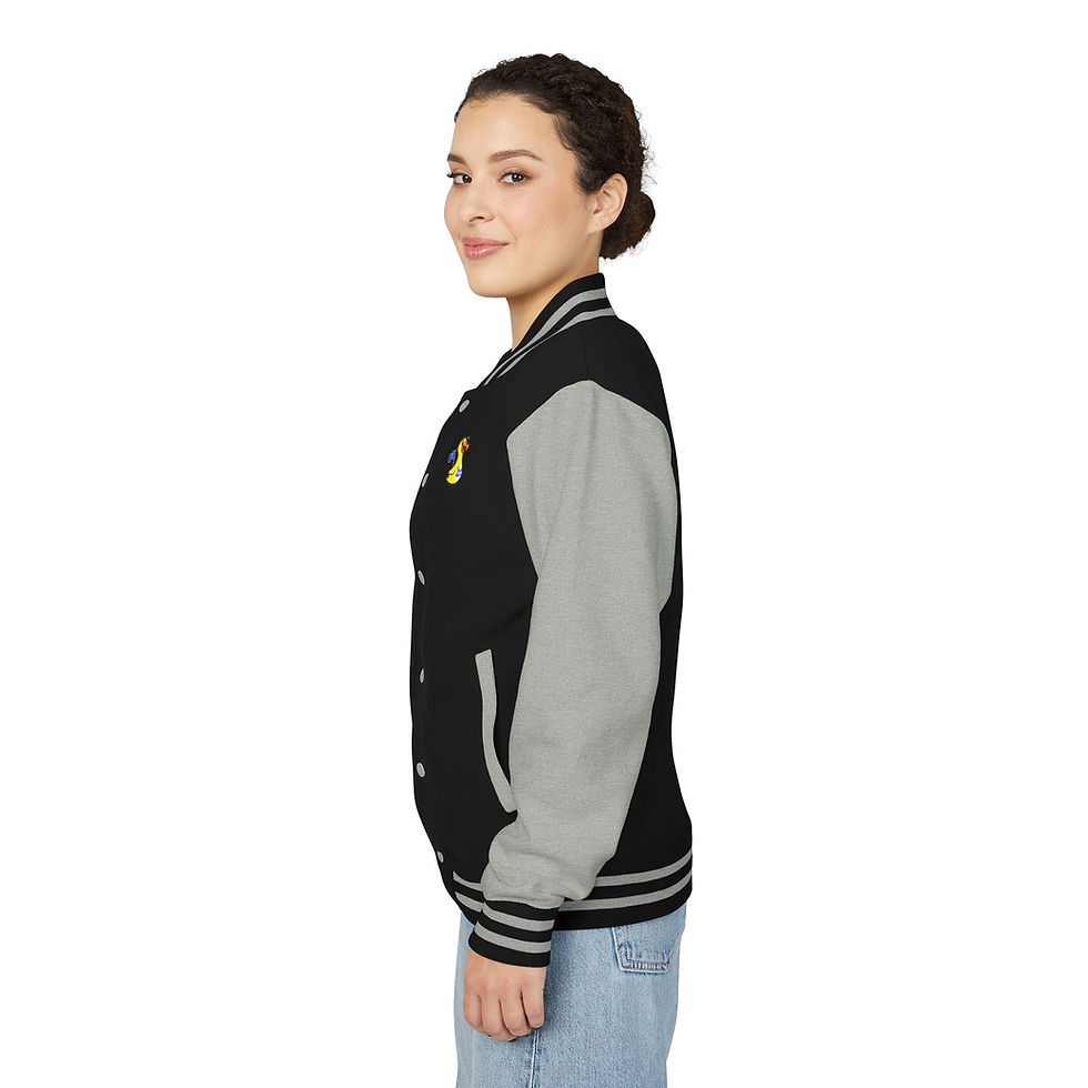 Thumbnail: Letterman Jacket with Duck More Quack Less™ Slogan & Mascot (Unisex Heavyweight)