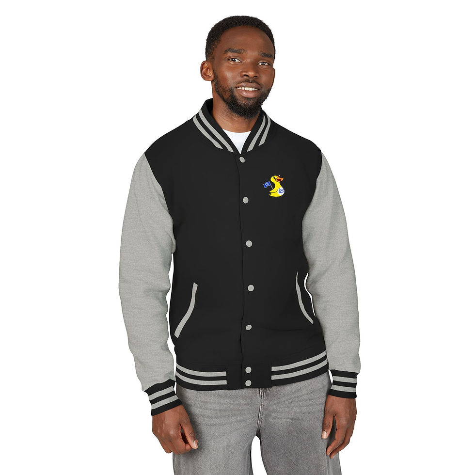 Thumbnail: Letterman Jacket with Duck More Quack Less™ Slogan & Mascot (Unisex Heavyweight)