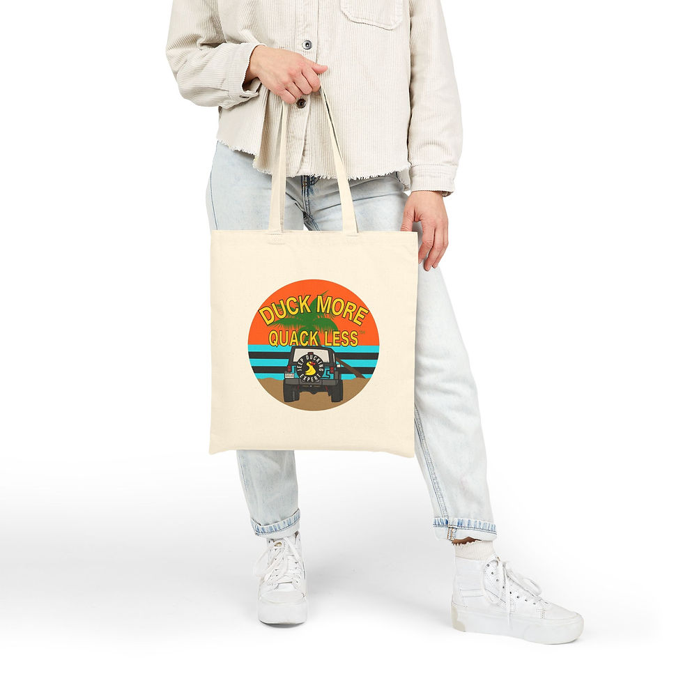 Thumbnail: Tan Duck More Quack Less™ Tropical Jeep Duck Tote Bag carried on beach for cruise ship ducking and Jeep adventures