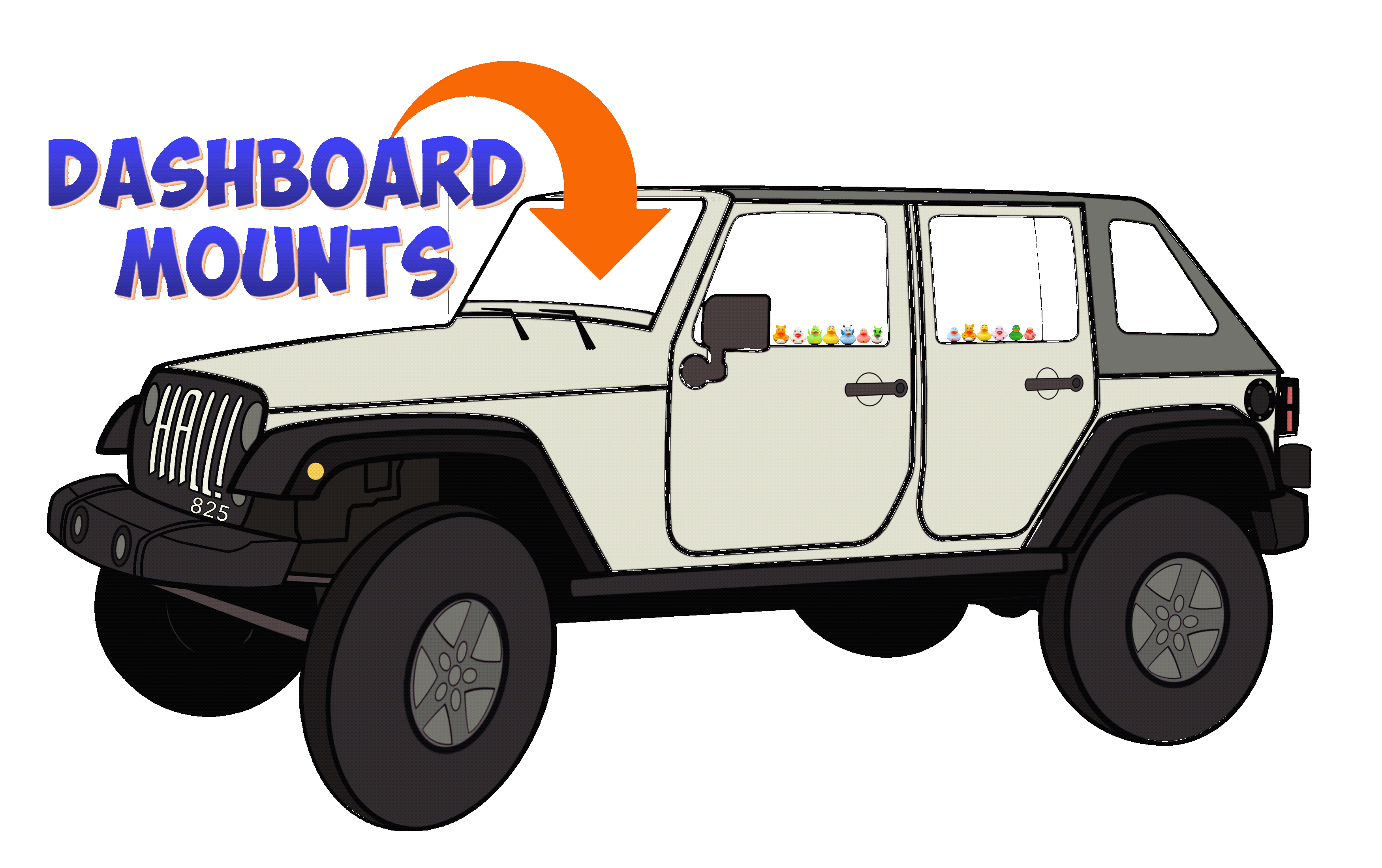 An animation showing the QuackKey Twist-It dashboard duck mounts and rubber ducks on a Jeep Wrangler dashboard