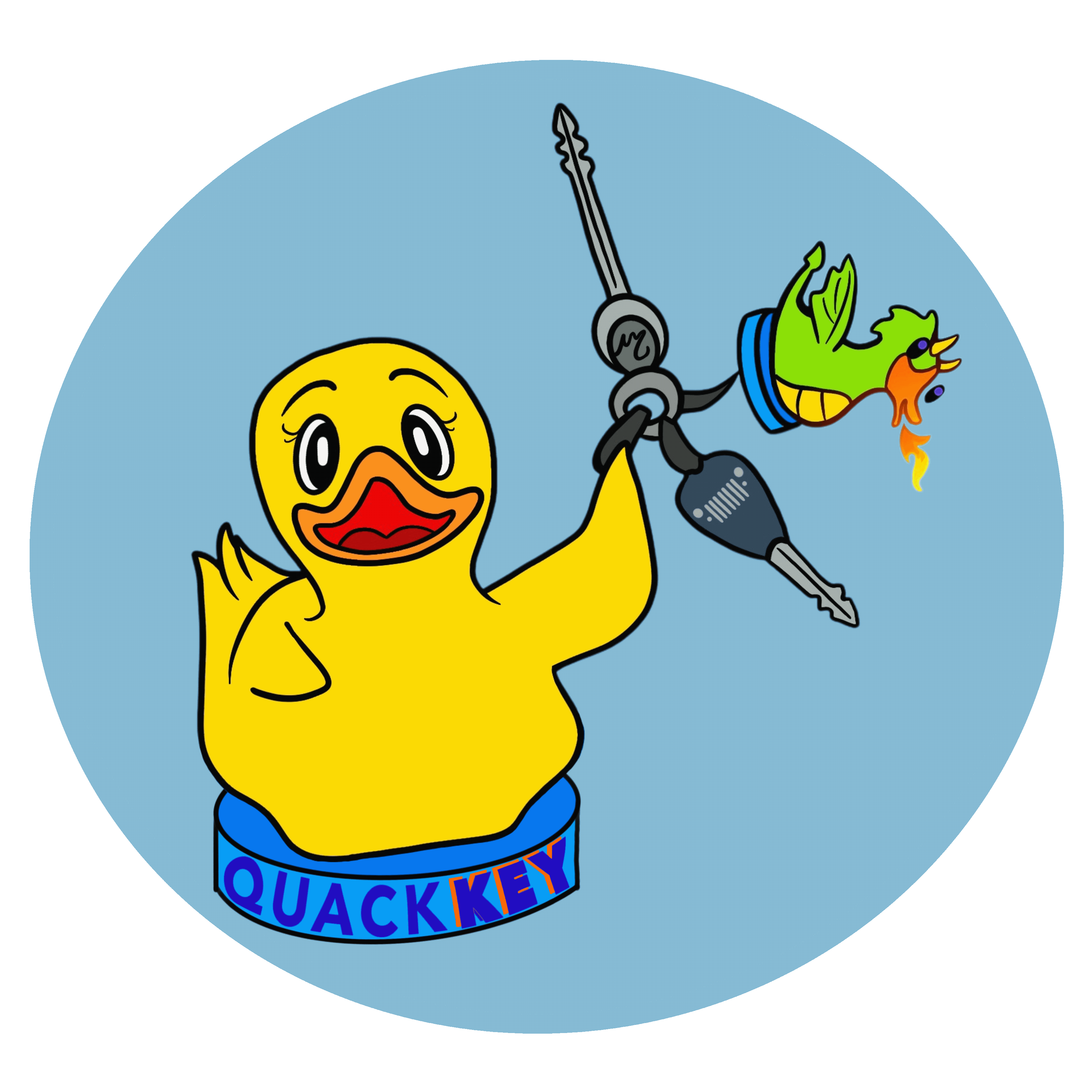 Animation of QuackKey duck holder keychain showing that the rubber ducks twist on and off